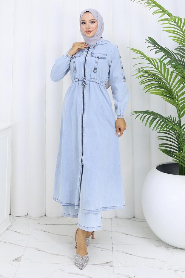 Hooded Waist-Tied Denim Set Ice Blue 19235