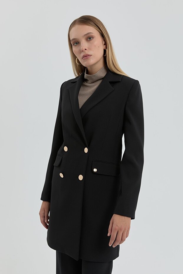 Kruvaze Blazer Basic Ceket Siyah - 1