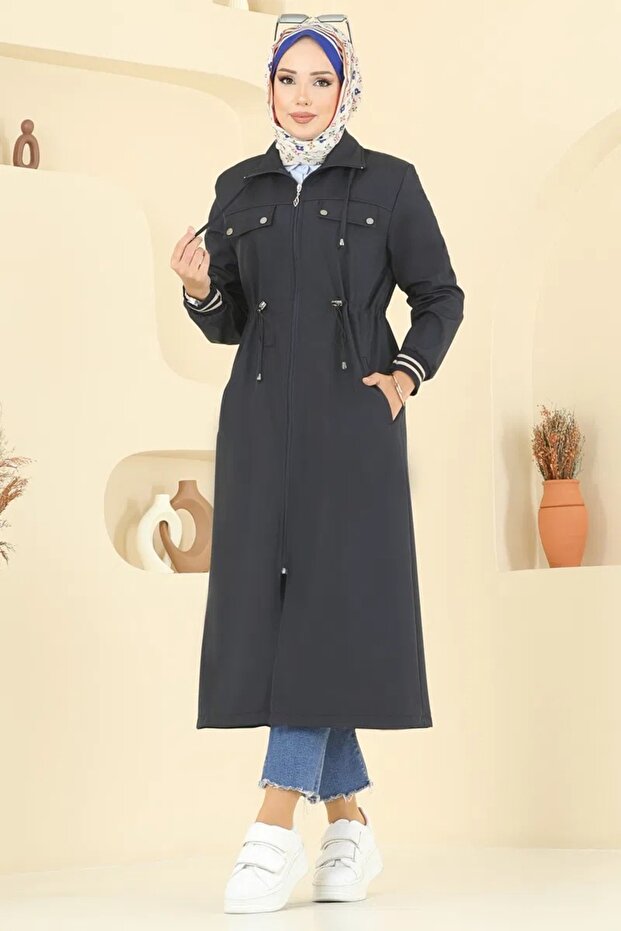 Kolu Lastikli Uzun Büyük Beden Trençkot - 2