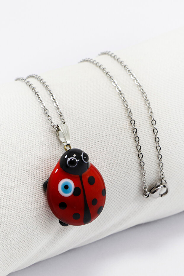 Red Cute Glass Ladybug Stainless Steel Chain Bijoux Necklace, Gift Necklace