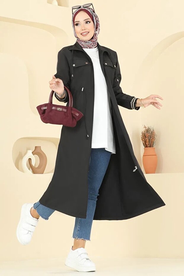 Kolu Lastikli Uzun Büyük Beden Trençkot - 3