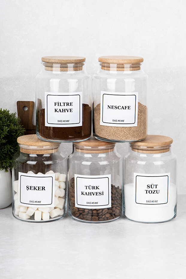 5'li Kahve Seti Vakum Kapaklı Etiket Hediyeli Saklama Kavanozu Kahve Köşesi Saklama Kabı 800 ml - 1