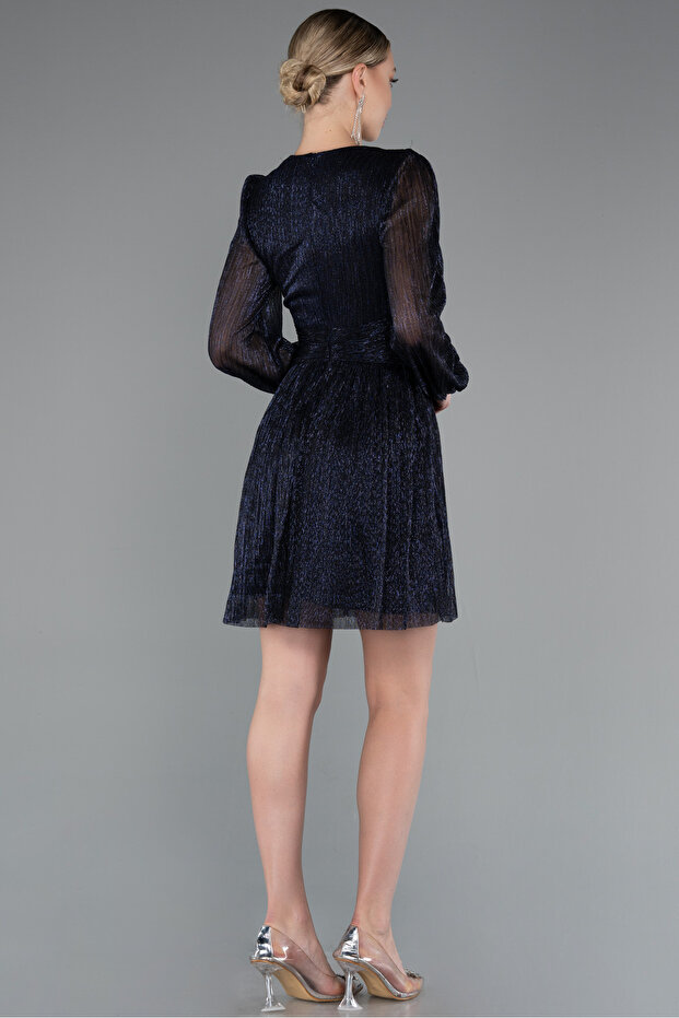 Lacivert Uzun Kol Kruvaze Yaka Simli Kısa Davet Elbisesi ABK2376 - 2