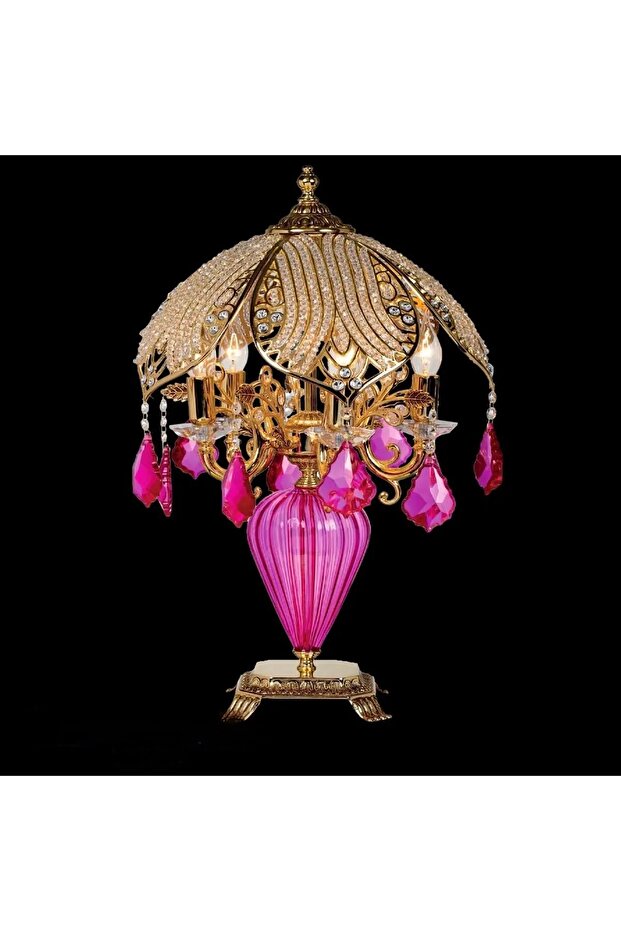 Pink Crystal Table Lamp |   Brass Cast Antique Crystal Lampshade (E14) 2 Bulbs 65 cm