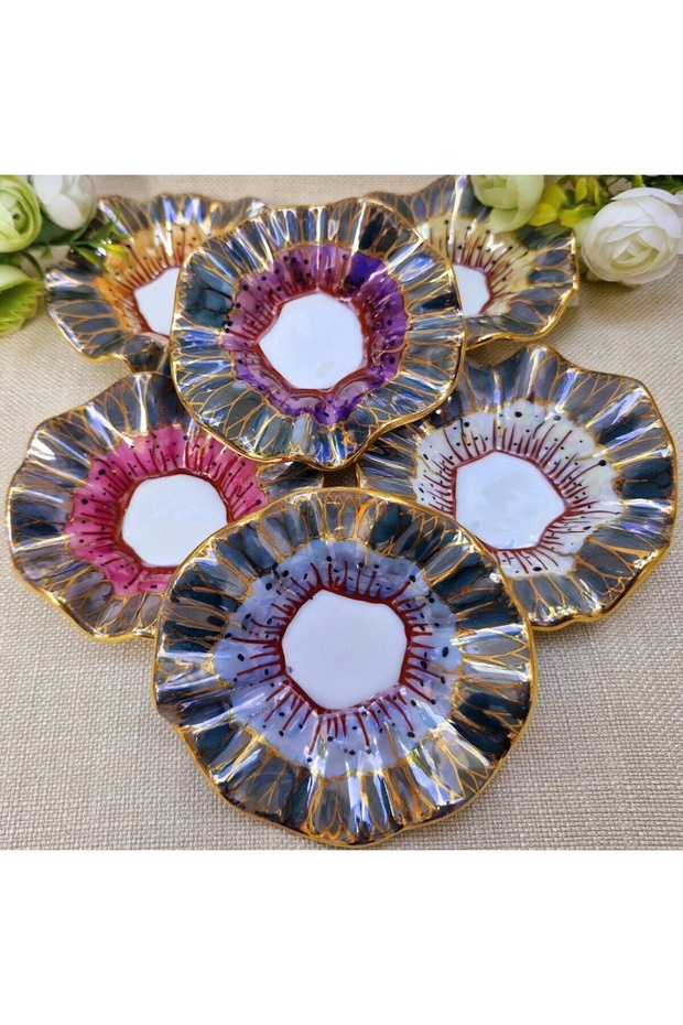 Esterhomedecor 6-Piece Porcelain Hand-Painted Coffee Side Tray for Turkish Delight