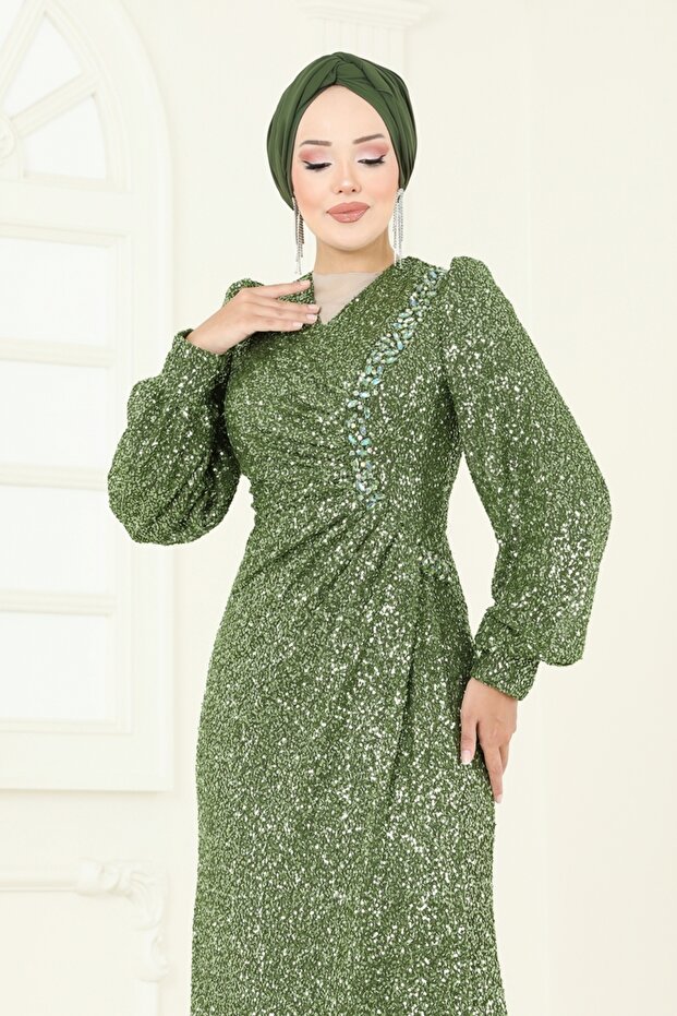 SUAL Önü Drape Detaylı Abiye 5238D170-MS Haki - 4