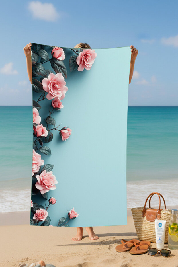 منشفة شاطئ قطنية بنقشة الورد – تصميم منقوش – 75×150 سم - 2