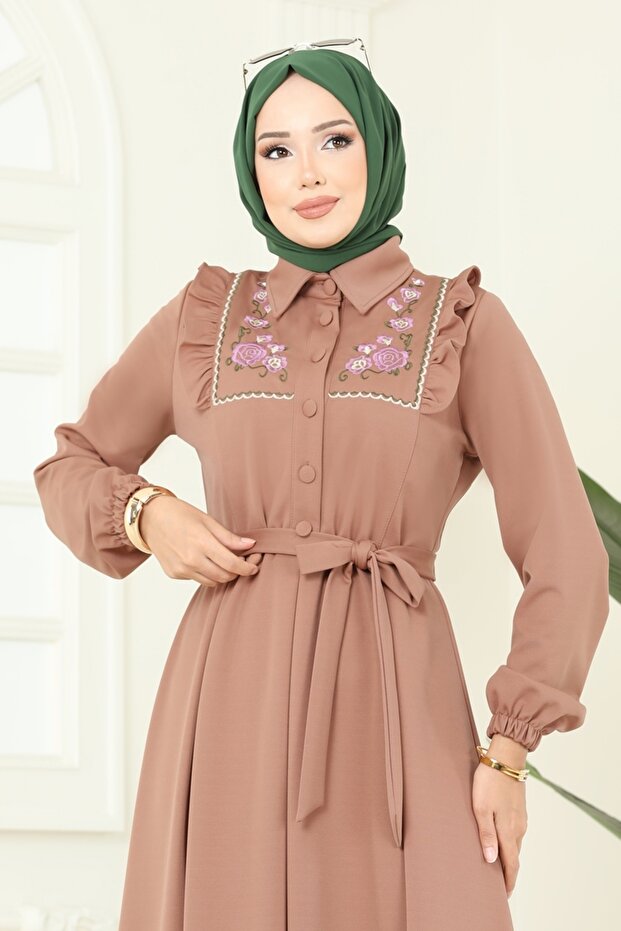 Çiçek Nakışlı Dabıl Elbise 2725SL432-MS Latte - 4