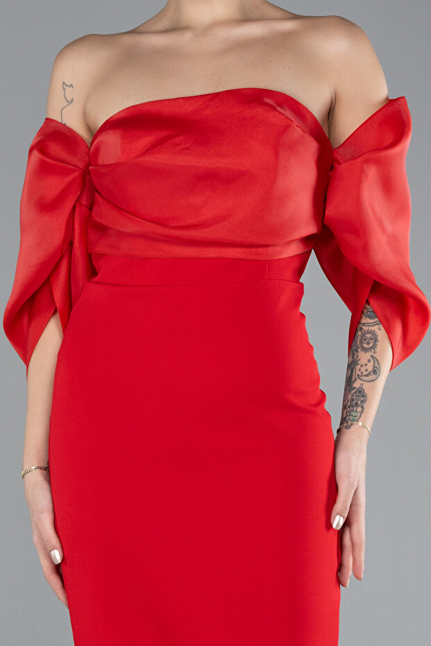 Kırmızı Straplez Kol Detay Midi Davet Elbisesi ABK1796 - 3