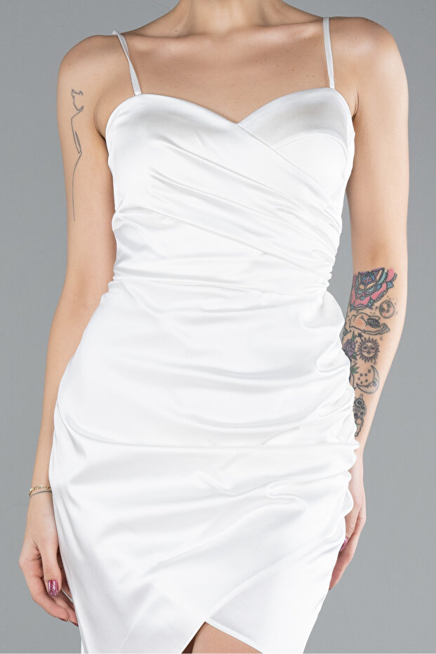 Ekru Askılı Mini Saten Davet Elbisesi ABK2441 - 3