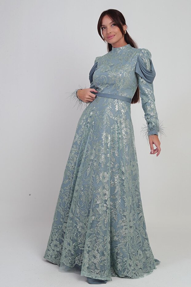 Women's Long Dress with Feathered Sleeves, Beaded Sequins, and Detailed Lining