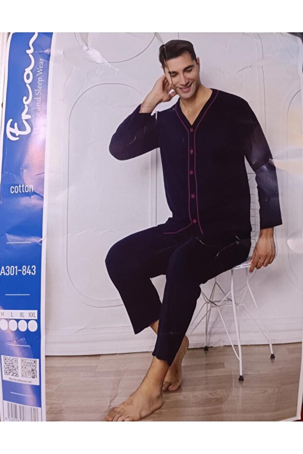 Ercan Erkek Önden Düğmeli Uzun Kol İnce Pijama Takımı A301-843 - 1 Adet - 1