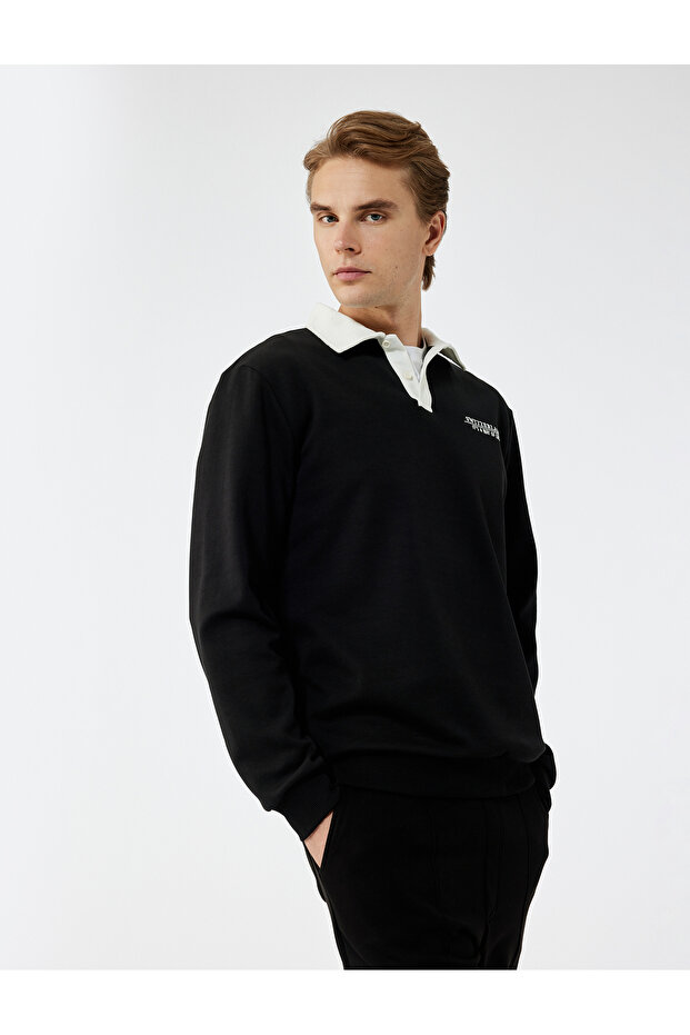 Long Sleeve Cotton Buttoned Embroidered Color Contrast Polo Neck Sweatshirt