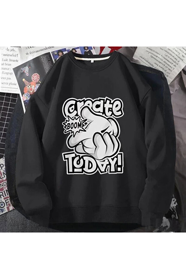 Create Today! Sweatshirt - Black Printed Oversize Raised Crew Neck