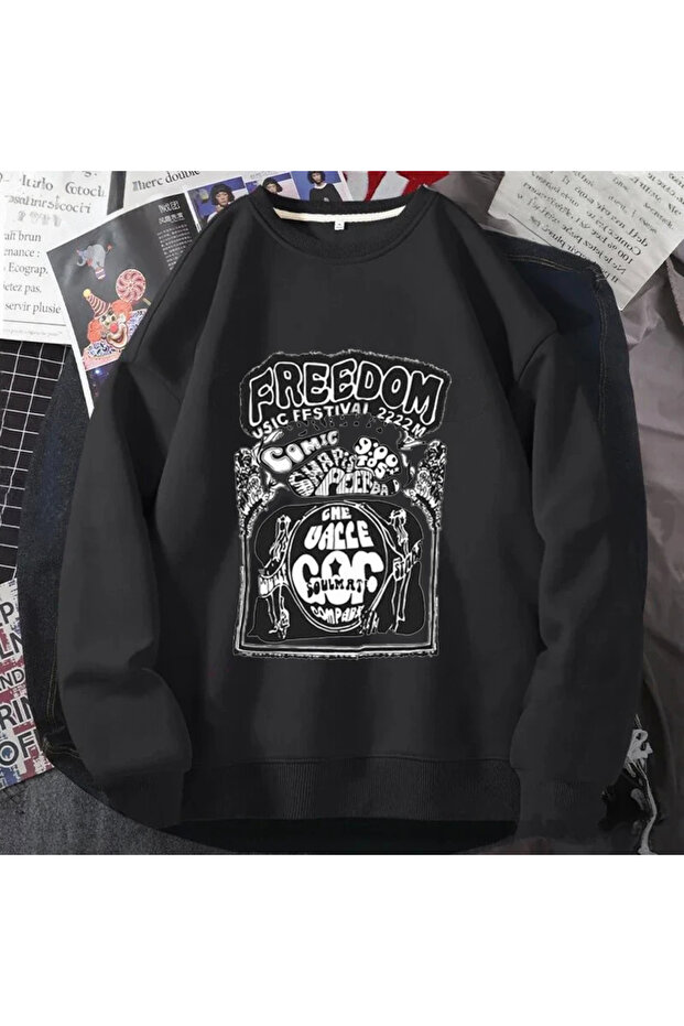 3 İplik Freedom Festival Sweatshirt - Black Printed Oversize Embroidered Crew Neck