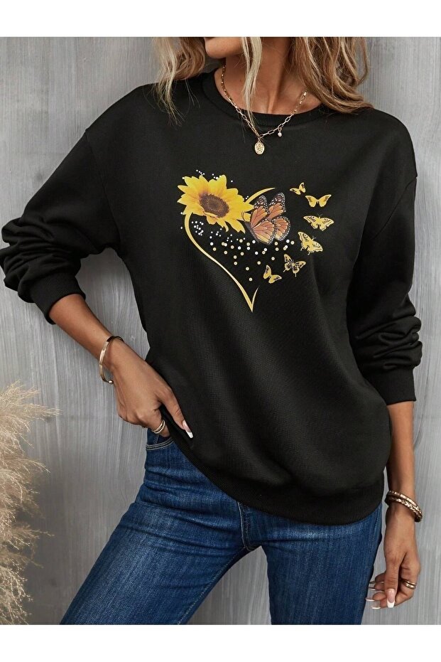 3 Thread Sunflower Butterflies Sweatshirt - Black Printed Oversize Crew Neck