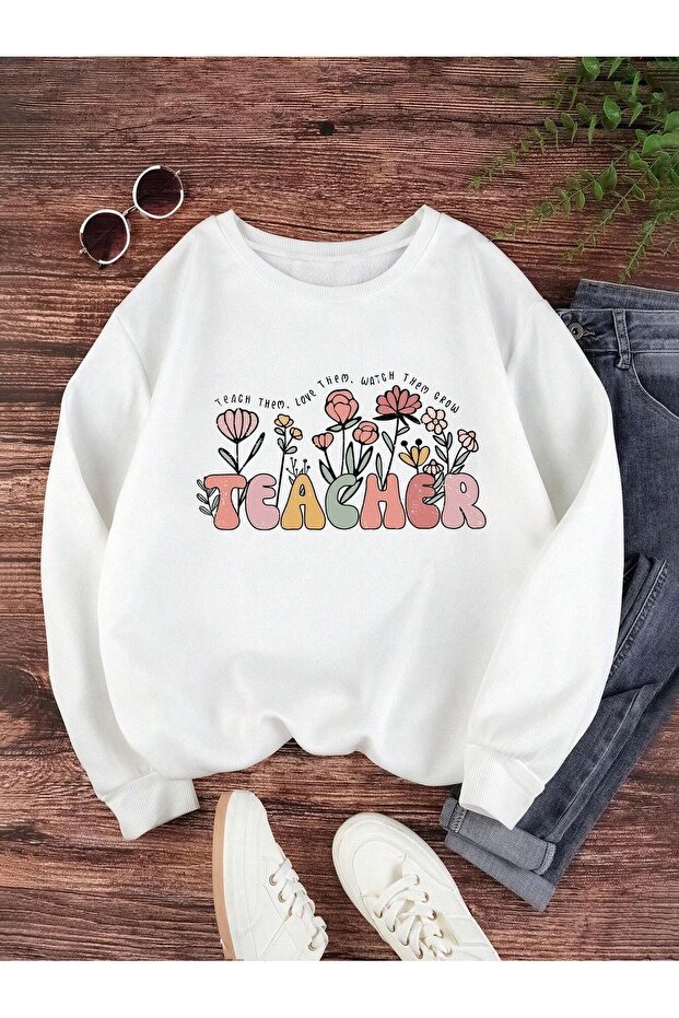 Teacher Love Winter Thick Sweatshirt - White Printed Oversize Raised Crew Neck