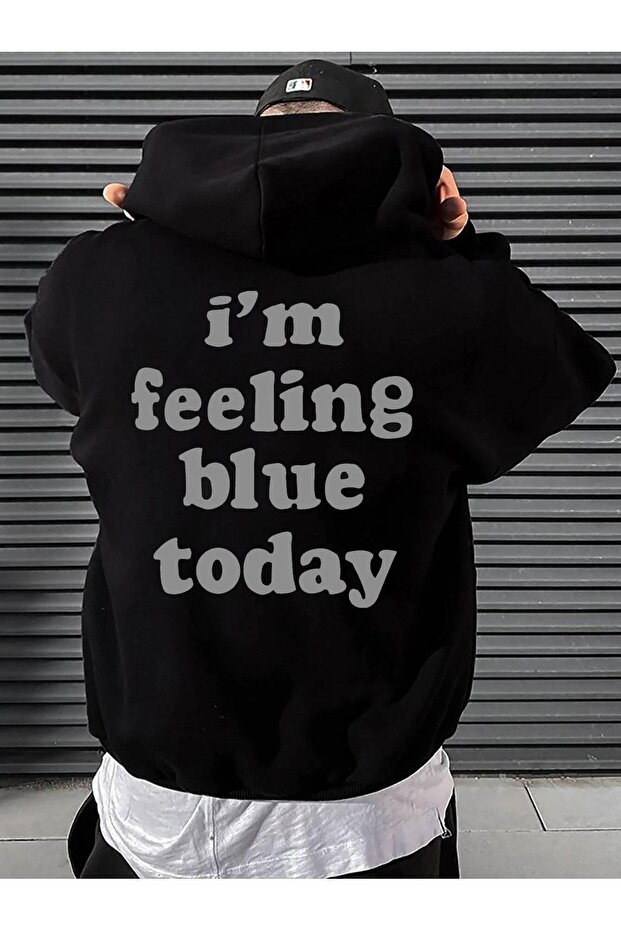 Feeling Blue Sweatshirt - Black Printed Oversize Ribbon Hoodie