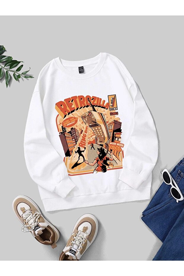 Retrozilla White Thick Sweatshirt - Printed Oversize Ribbed Crew Neck