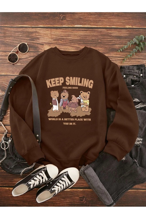 Keep Smiling Bears Sweatshirt - Brown Printed Oversize Raised Crew Neck