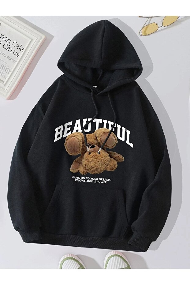 Beatiful Bear Design Sweatshirt - Black Printed Oversize Ribbon Hoodie
