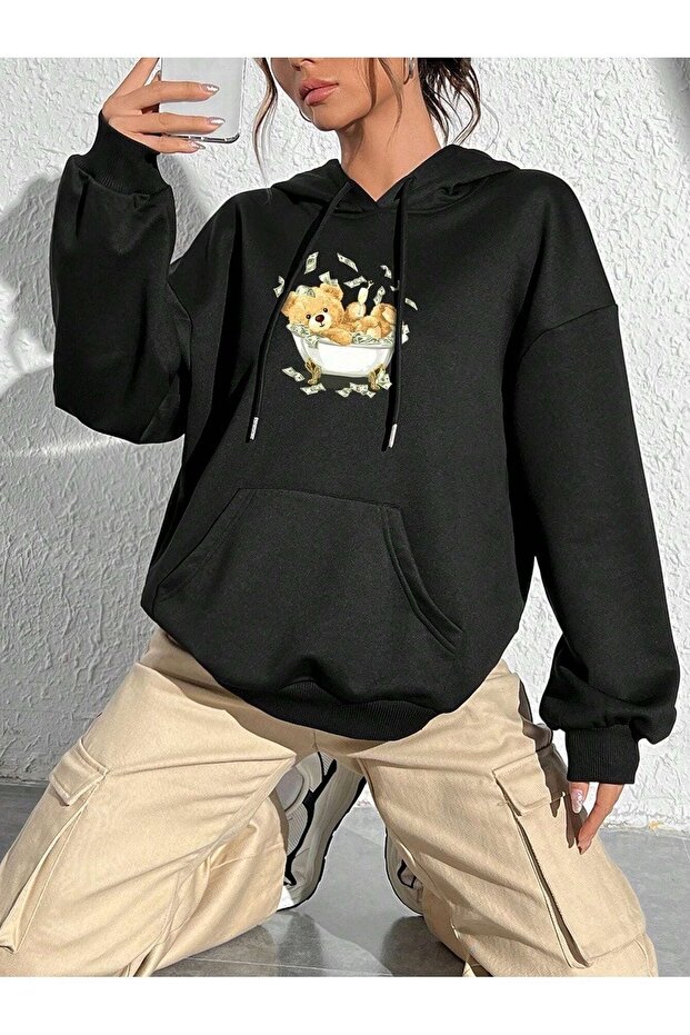 3 İplik Money Bear Sweatshirt - Black Printed Oversize Hooded Hoodie
