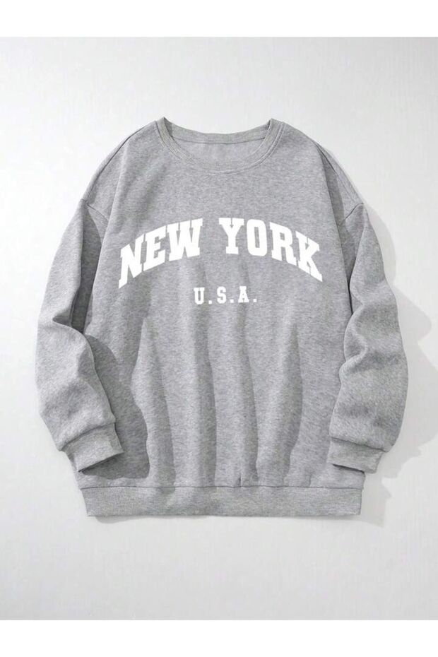 New York U.S.A Winter Thick Sweatshirt - Gray Printed Oversize Ribbed Crew Neck