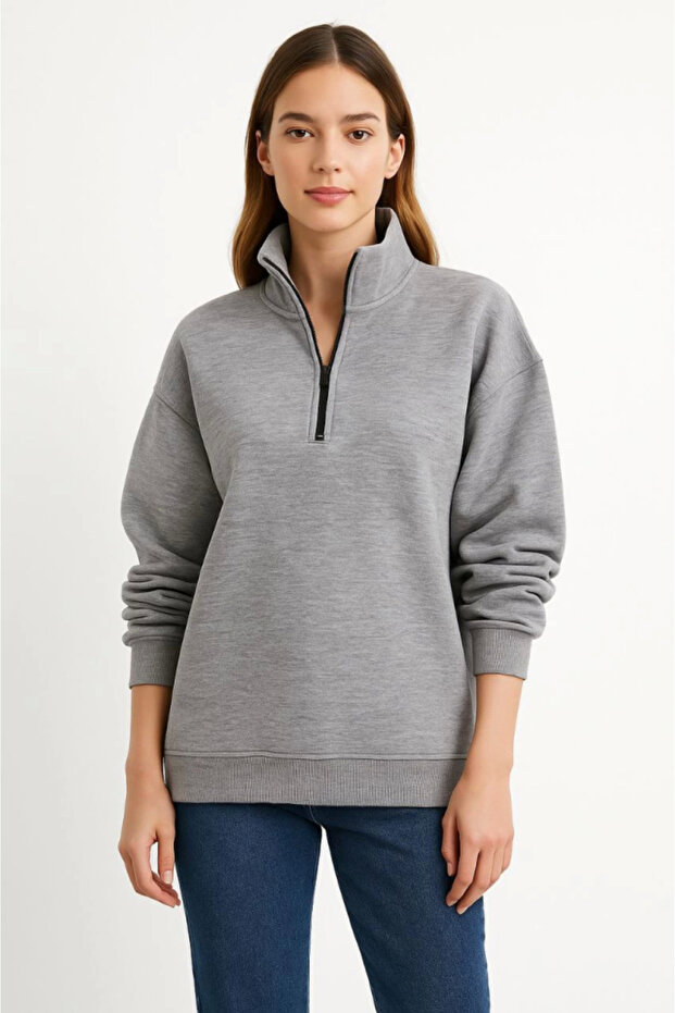 Three Thread Stand Collar Half Zipper Sweatshirt - Gray - 3