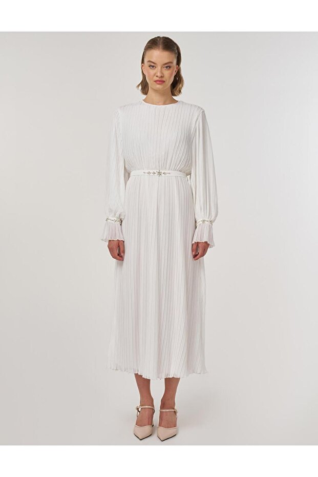 Rochie elegantă brodată cu pietre ecru - 4