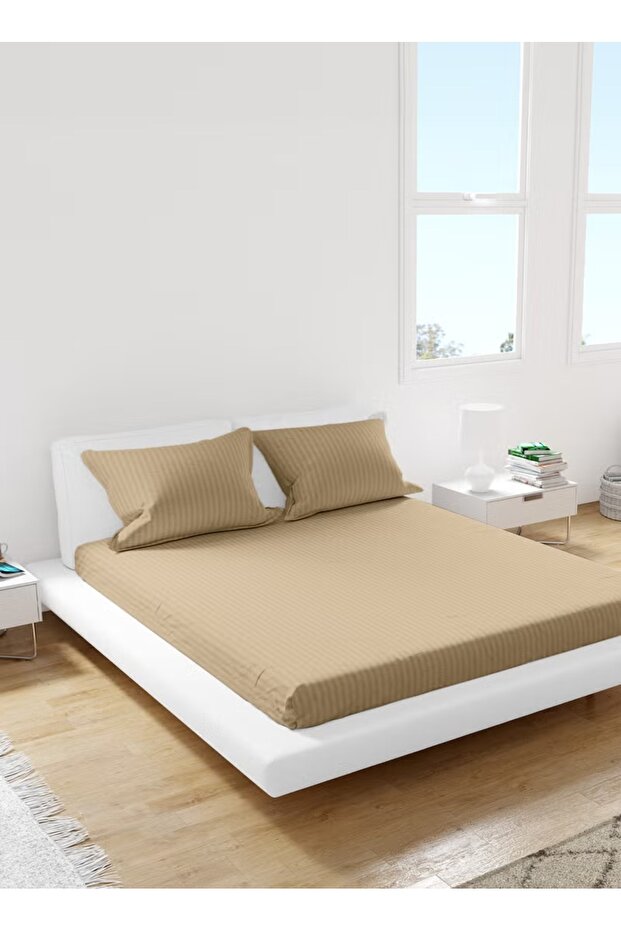 Double Striped Fitted Elastic Bedsheet with 2 Pillow Case 160 x 200 Cm (Beige)