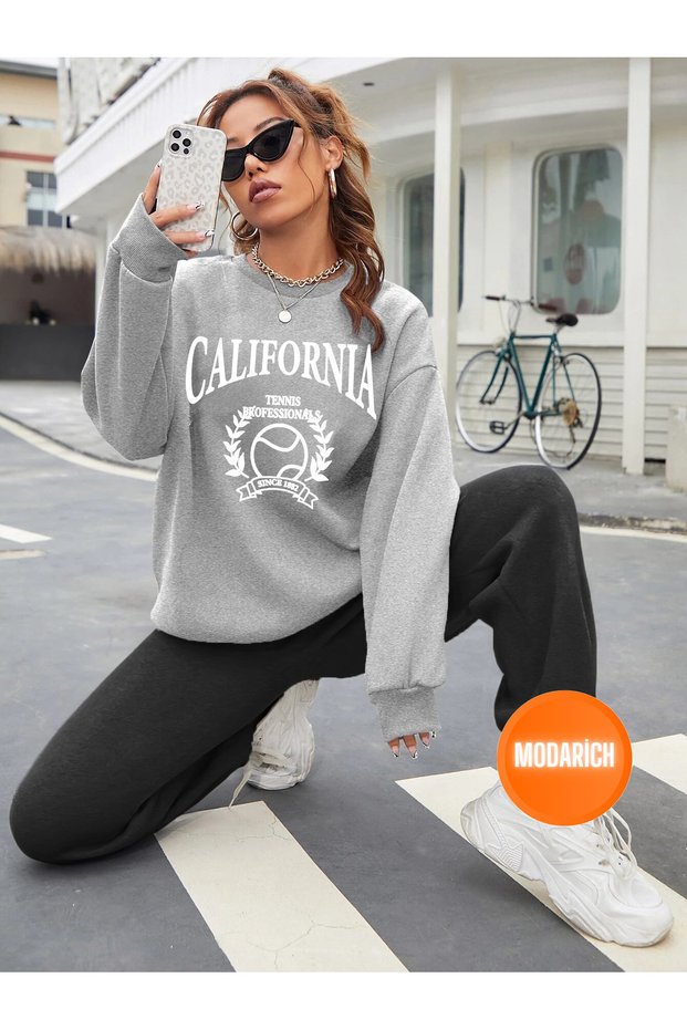 Tennis Gray Sweatshirt Black Sweatpants Jogger - Printed Bottom Top Tracksuit Set Crew Neck