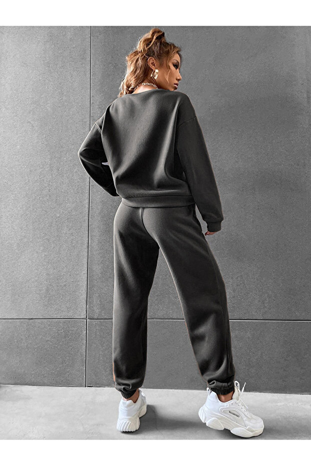 Basic Düz Bisiklet Yaka Kombin Alt Üst Eşofman Takımı - Siyah Oversize Lastik Paça - 2