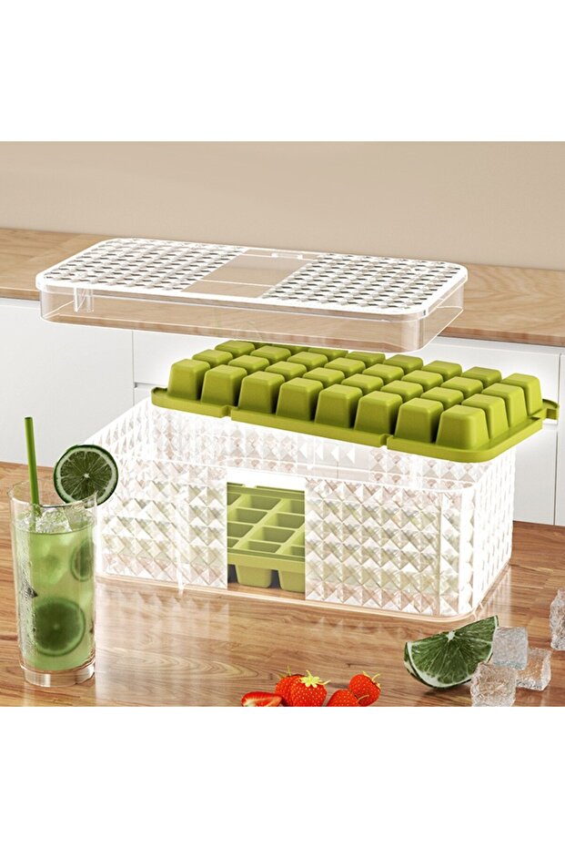 Set 3 ice cube molds and storage container Flippy, 96 cubes, green - 2