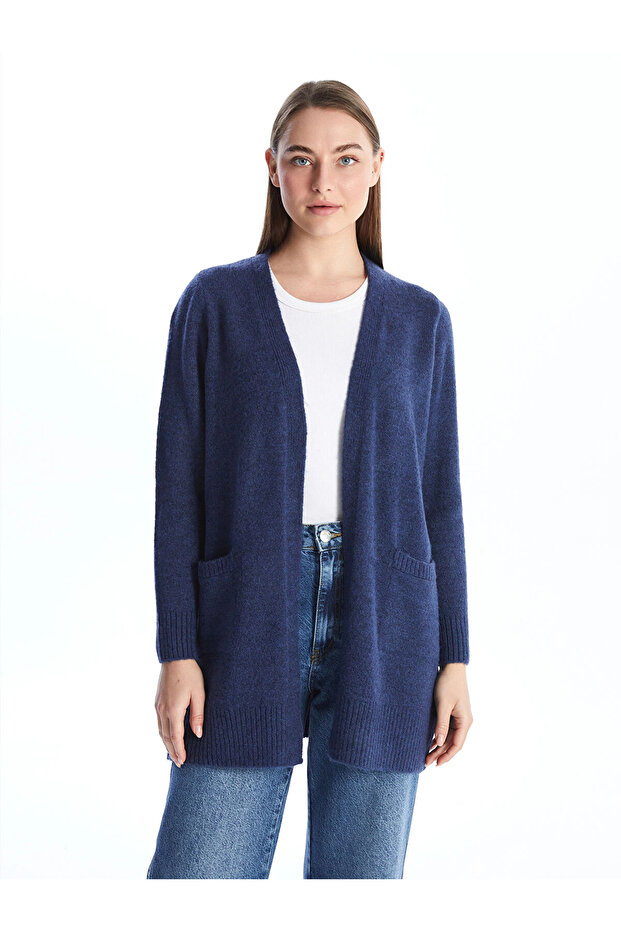 LCWAIKIKI Basic İNDİGO Şal Yaka Düz Uzun Kollu Kadın Triko Hırka - 1