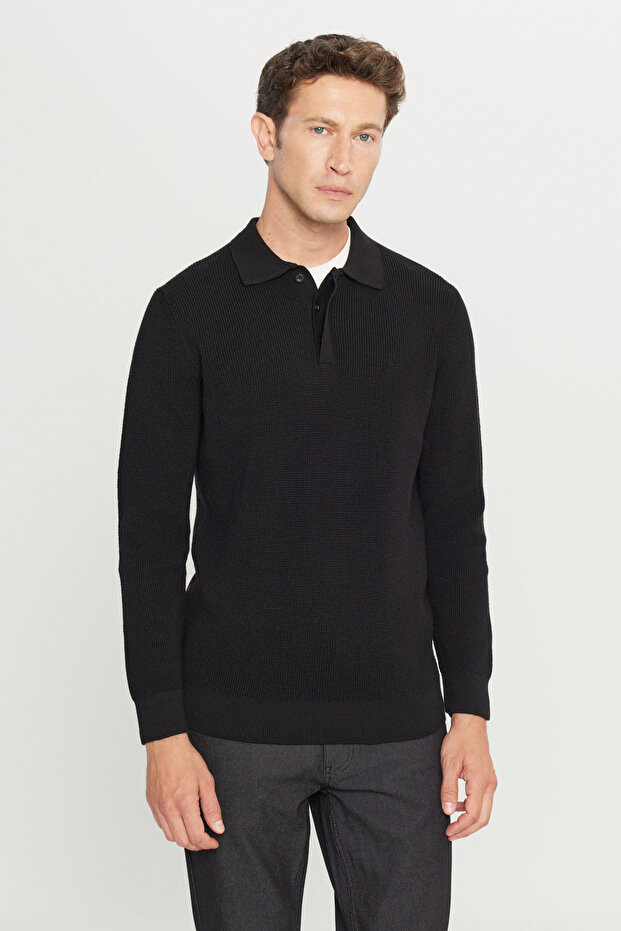 Men's Black Cotton Standard Fit Regular Cut Jacquard Polo Neck Knitwear Sweater