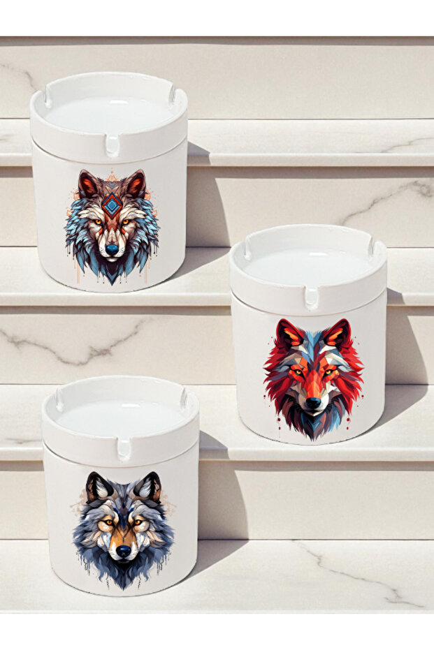 Wolf Themed 3-Piece Ashtray Models - Odorless Ashtrays, Ceramic Ash Tray