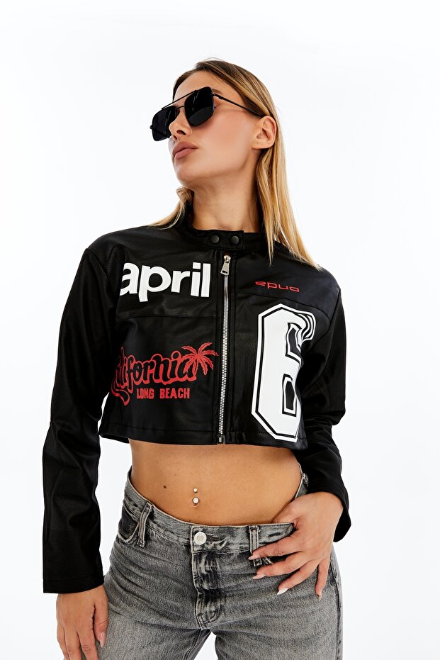 Women's Streetwear Leather Crop Jacket – Printed Biker Style Short Coat Black