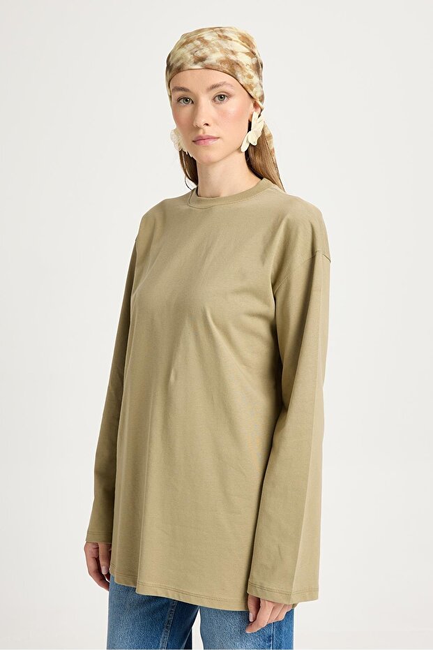 Geniş Kol Oversize Basic T-shirt Haki - 2