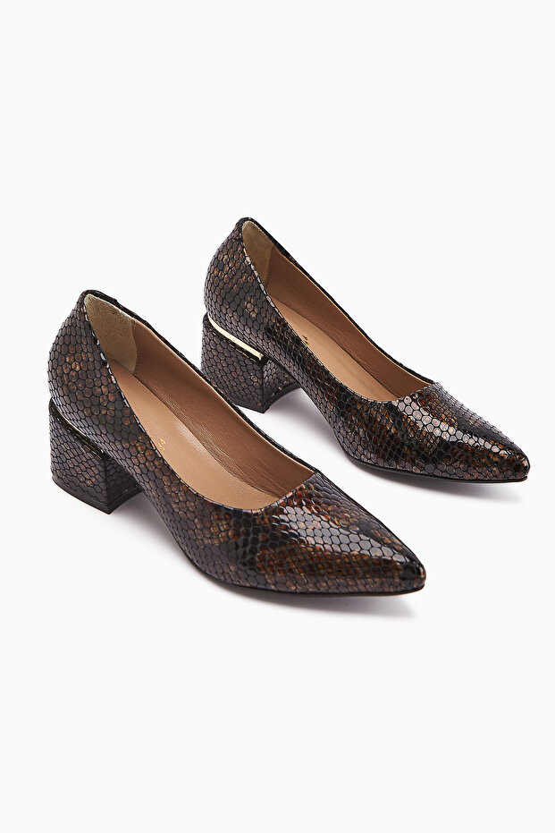 Emelia Genuine Leather Brown Snake Pattern Women's Heeled Shoes