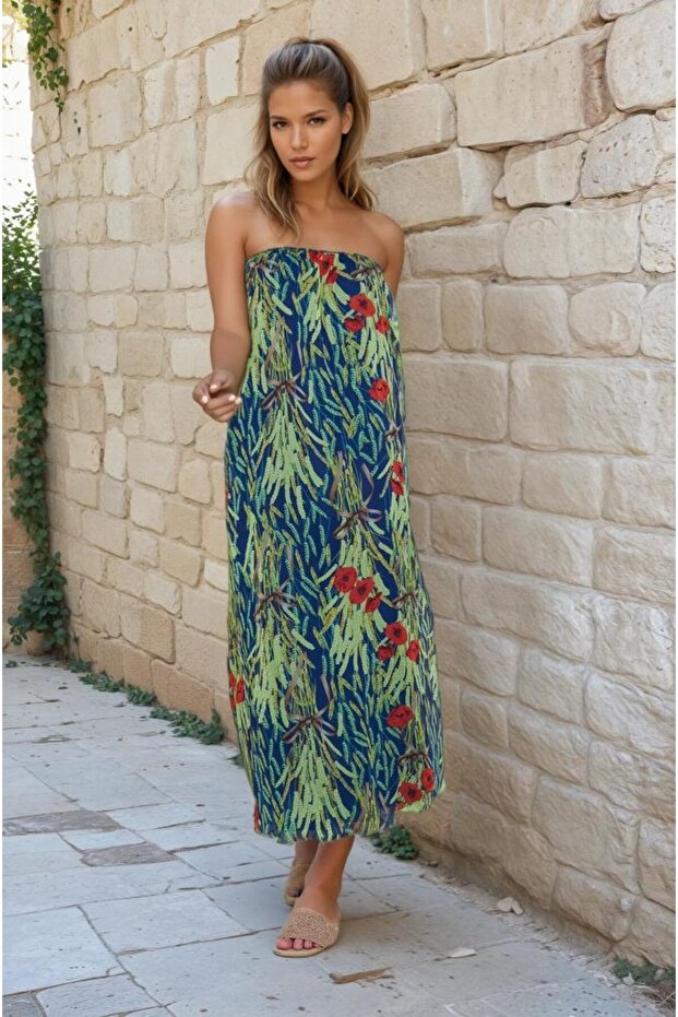 Women's Strapless Lined Chiffon Midi Summer Dress 700-3753374