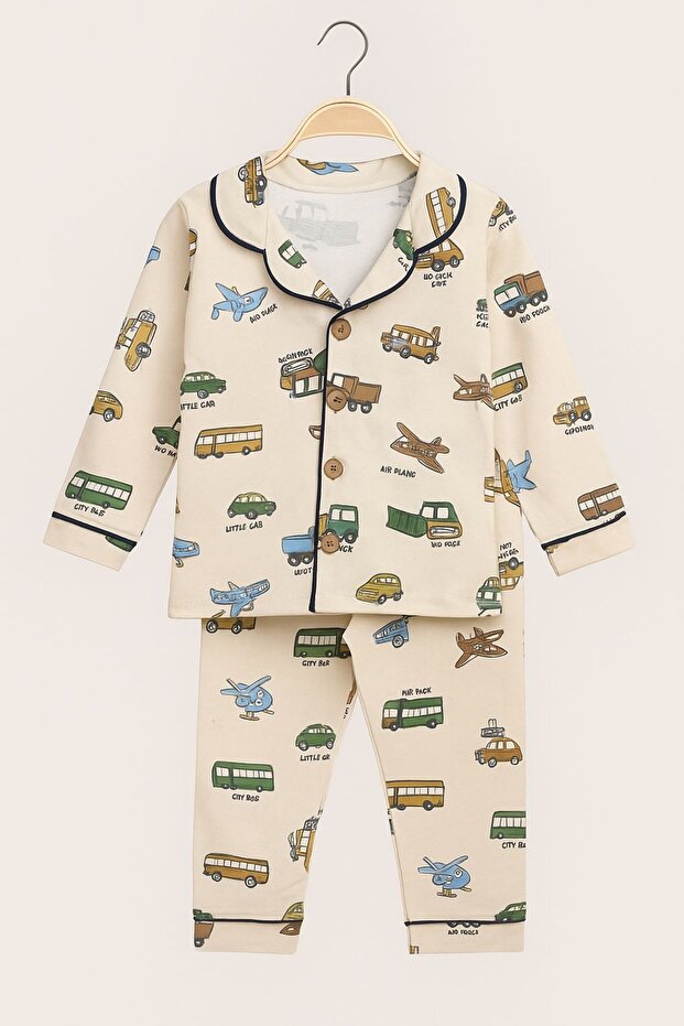 Boy's Car Patterned Long Sleeve Cotton Pajama Set 0007