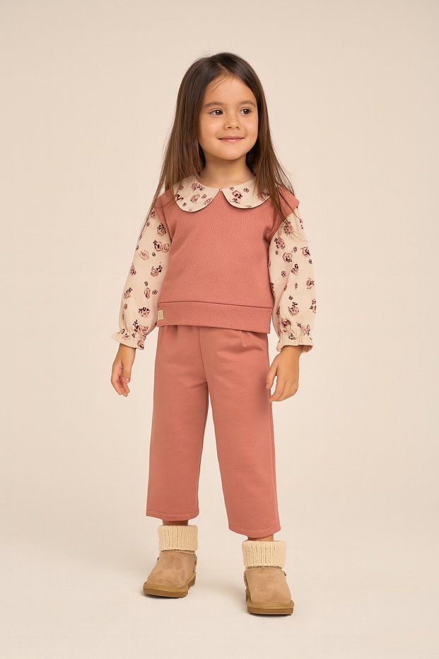2-6 Year Old Girl's Floral Collar Detailed Ribbed 2-Piece Top and Bottom Set for Seasonal Wear