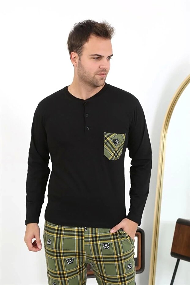 Men's Long Sleeve Combed Cotton Black Pajama Set