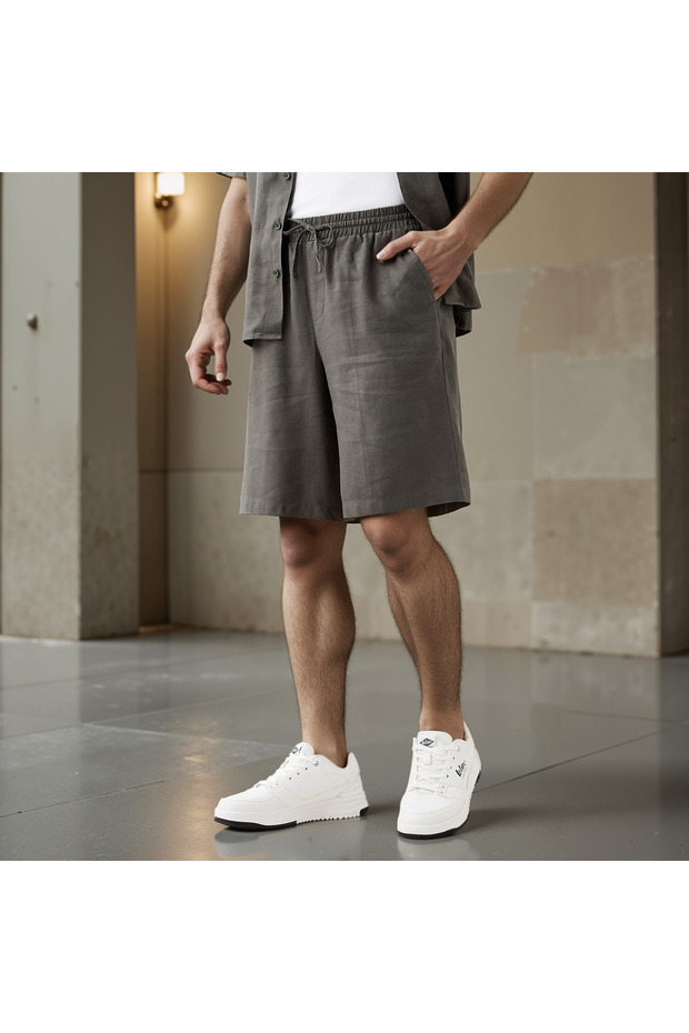 Regular Fit Linen Blend Shorts with Drawstring Closure - 1