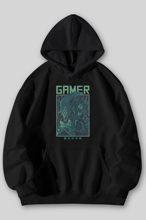 Gamer Printed Unisex Black Gray Kangaroo Pocket Hooded Sweatshirt Hoodie