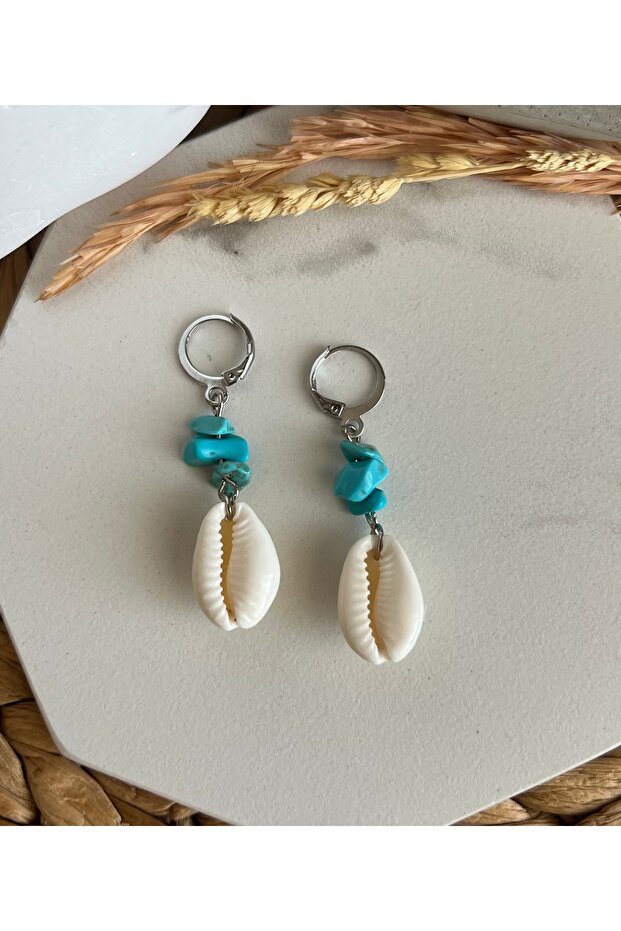 Real Sea Shell Turquoise Stone Earrings - 2
