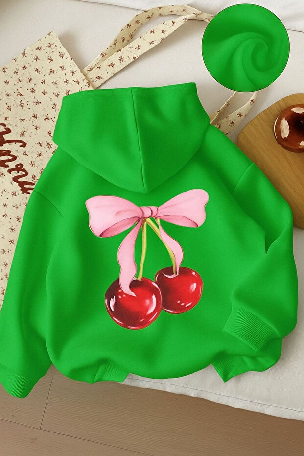3-Ply Combed Cotton Cherry Printed Unisex Kids Hooded Sweatshirt