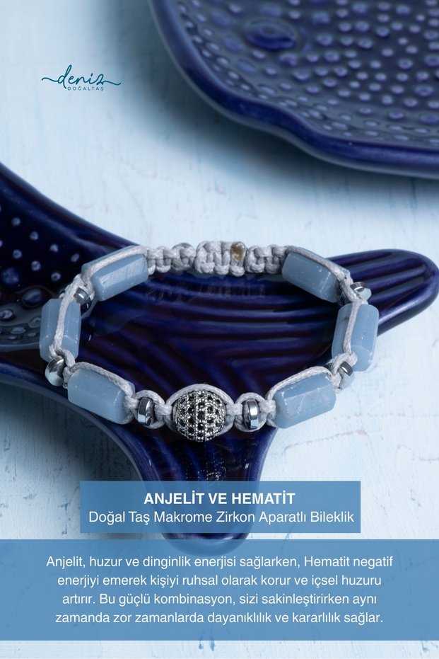 Certified Angelite and Hematite Natural Stone Macrame Zircon Apparatus Bracelet