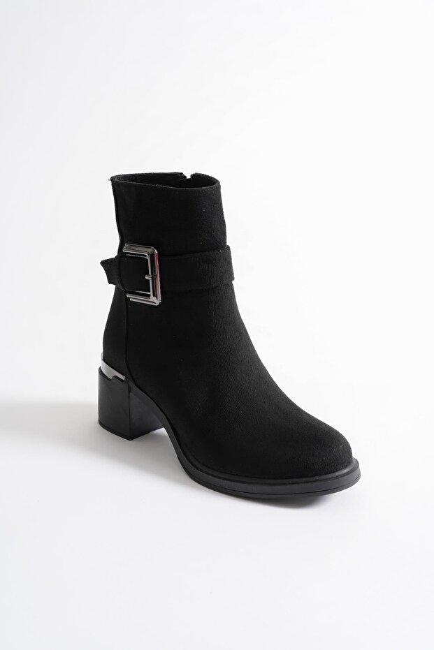 Ravena Women's Black Suede Zippered Thick Heeled Boots with Metal Accessories (6 cm)