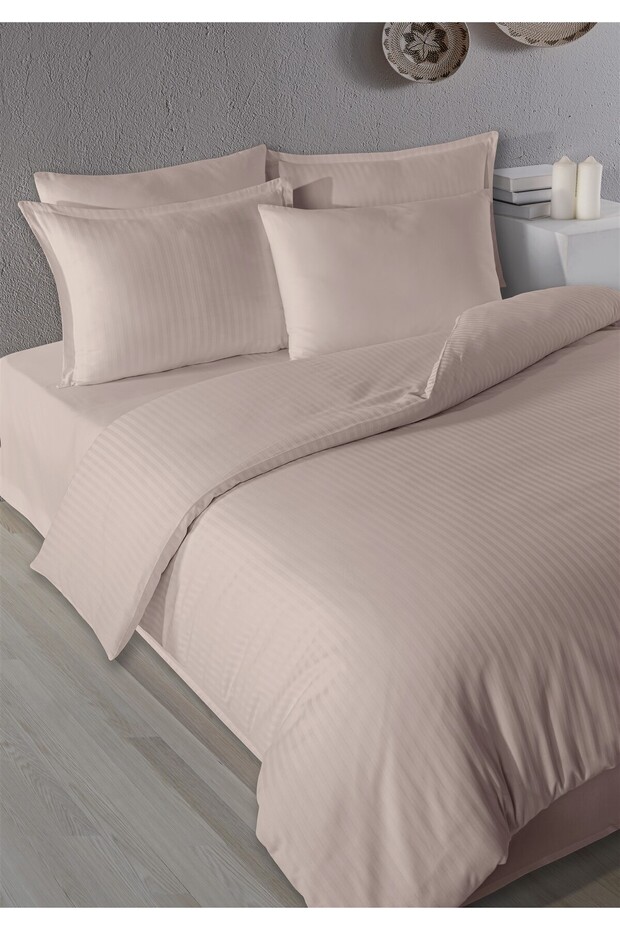 100% Cotton Satin Stripe Flounce Double Duvet Cover Set Powder 200X220 cm